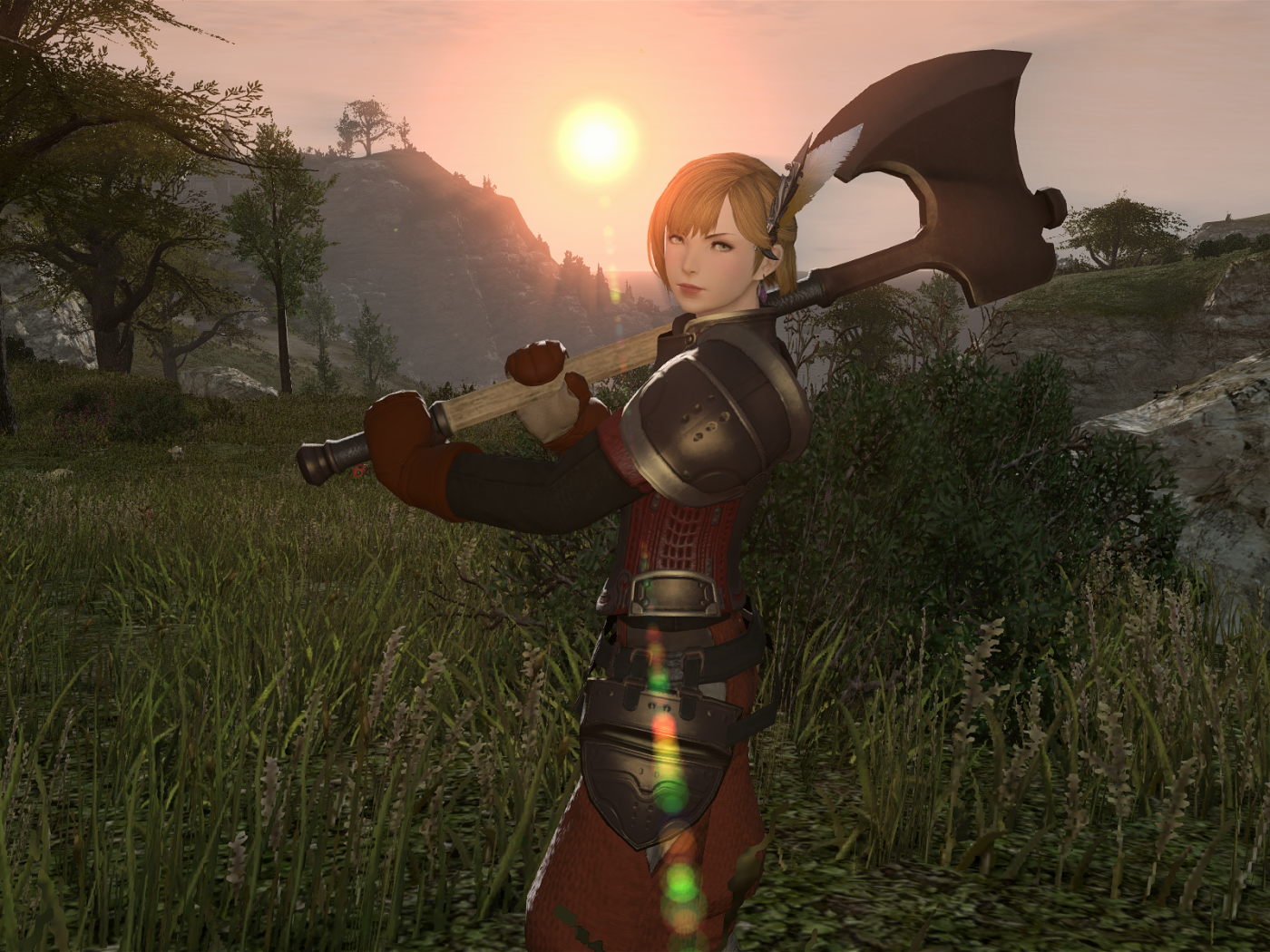 Топор на плече девушки из игры Final Fantasy XIV