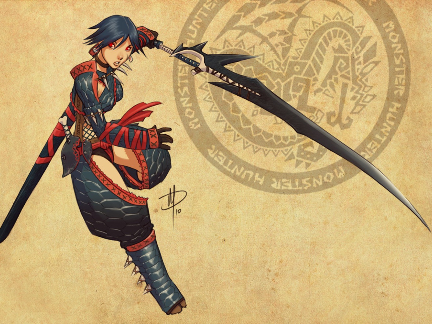 Черный меч в руке девушки, игра Monster Hunter
