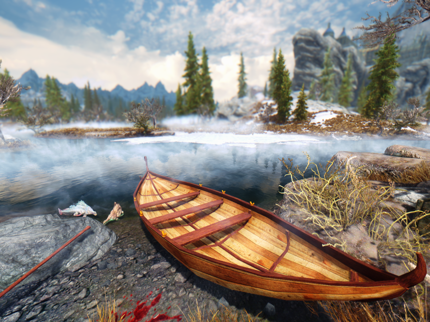 Лодка у реки в игре The Elder Scrolls V Skyrim