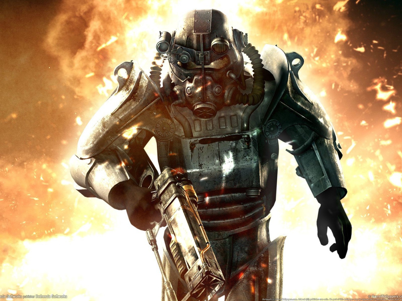 Герой на фоне взрыва в игре Fallout New Vegas