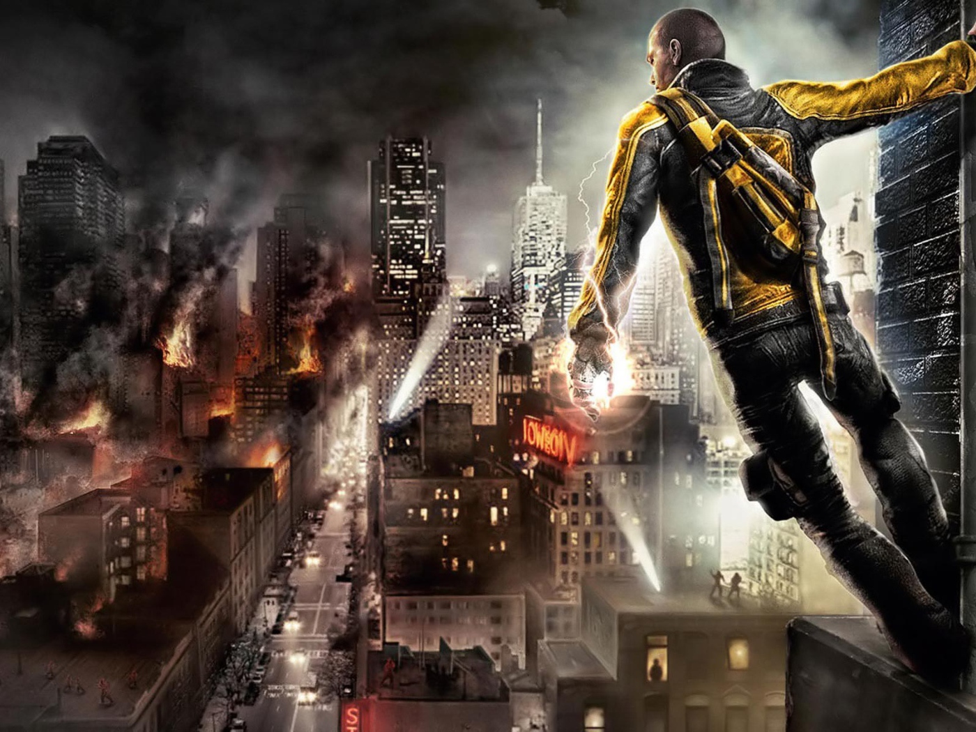 Герой видеоигры смотрит на пылающий город