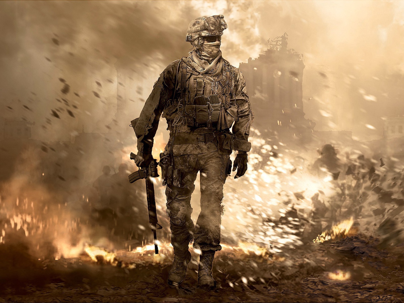 Солдат на фоне руин, игра Call of Duty Modern Warfare 2
