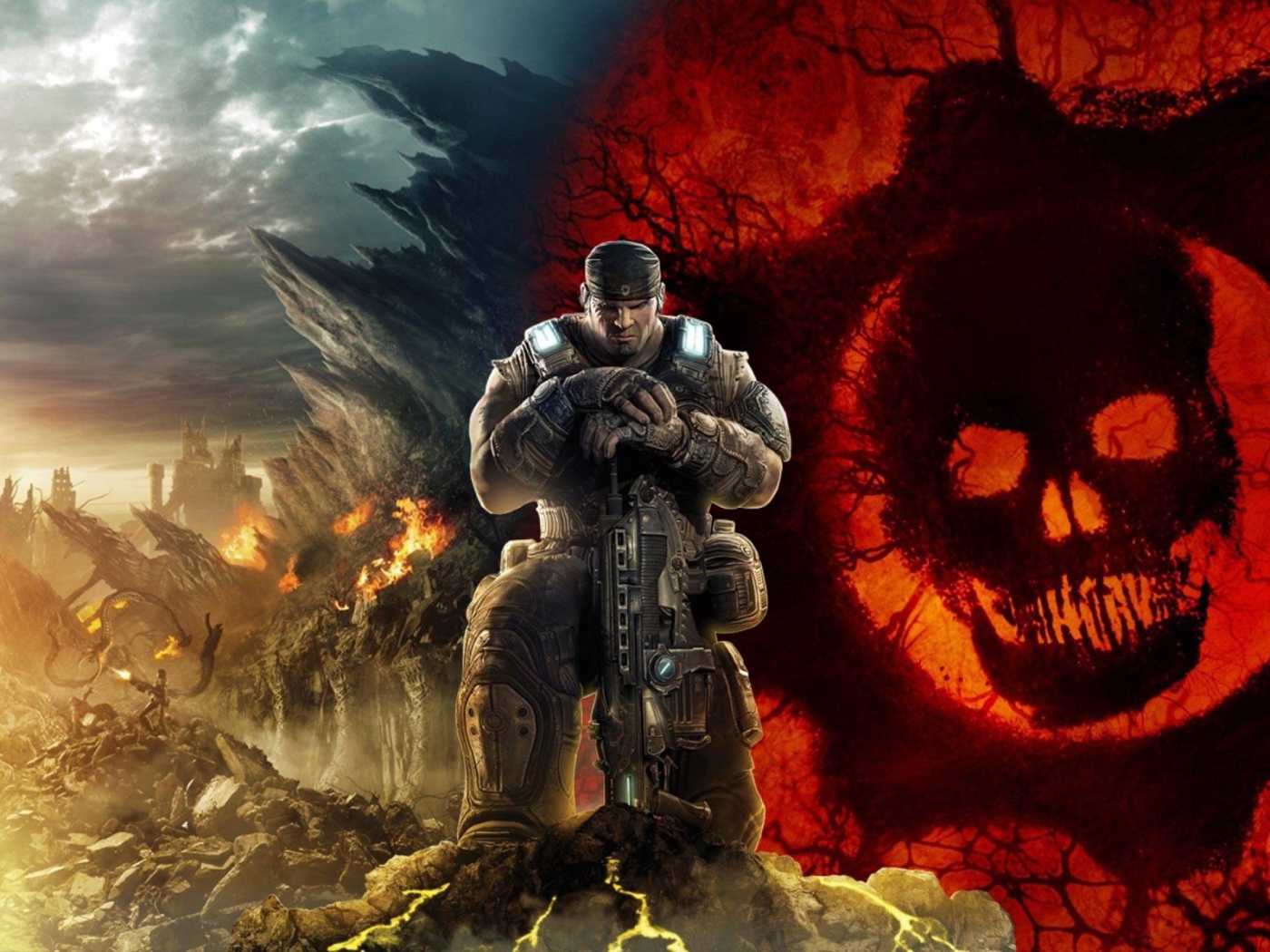 Воин на фоне флага в игре Gears of War
