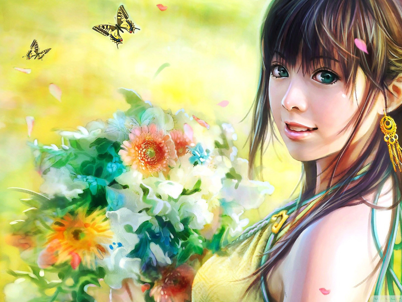 Милая японская девушка с букетом цветов