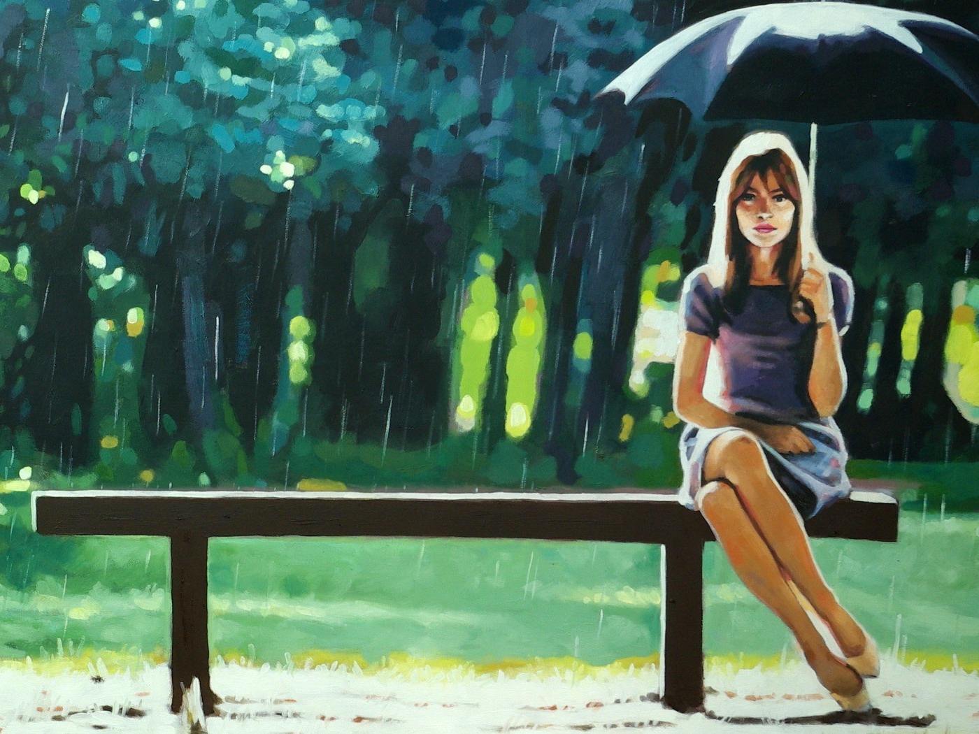Девушка на скамье под зонтом