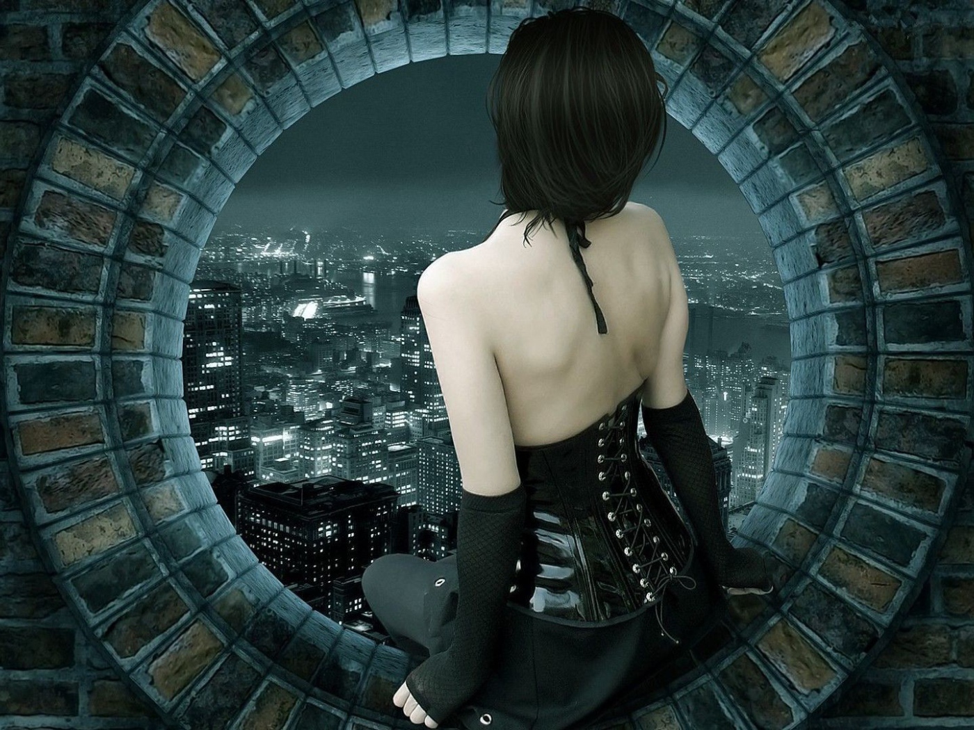 Девушка сидит на круглом окне