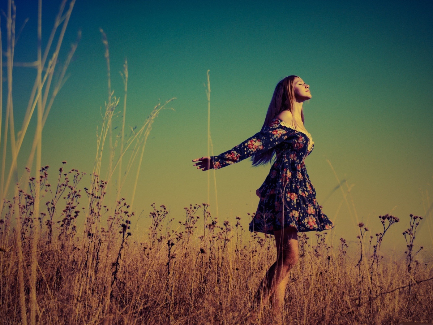 Счастливая девушка в поле