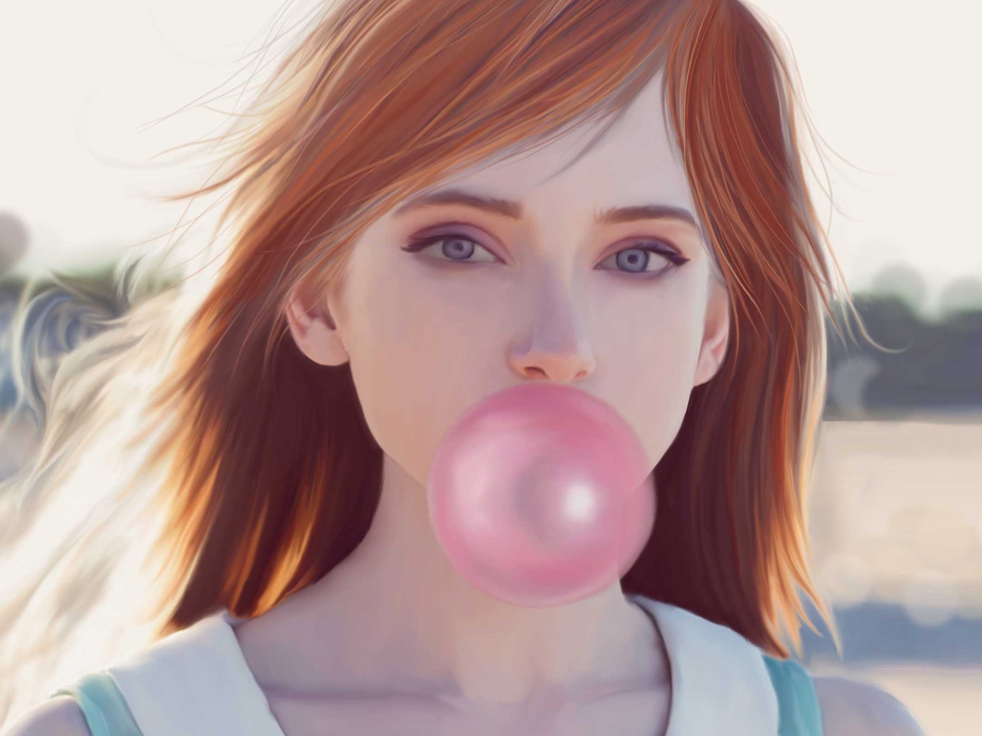 Рыжая девушка с розовой жевачкой