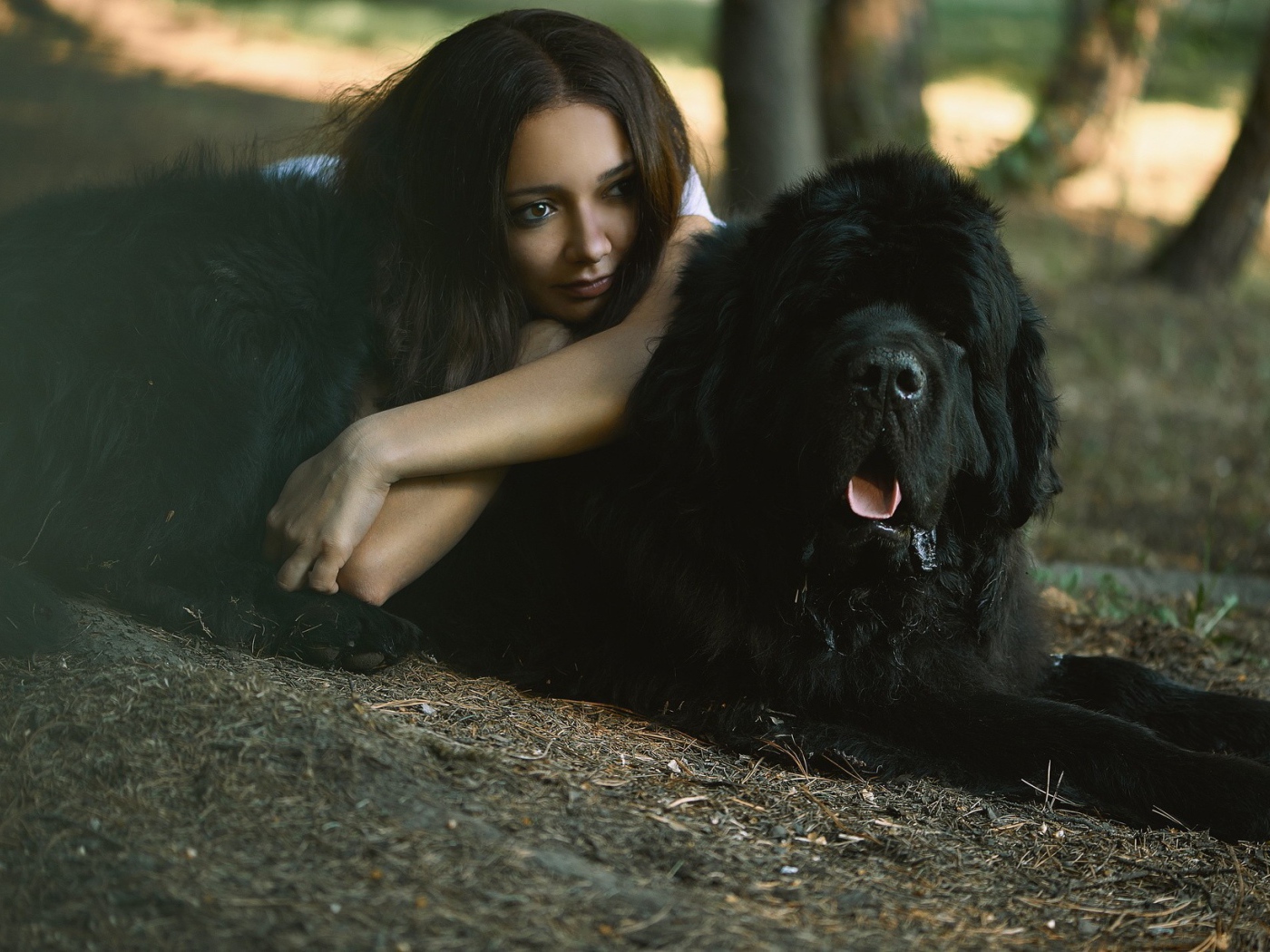 Девушка лежит на большой черной собаке