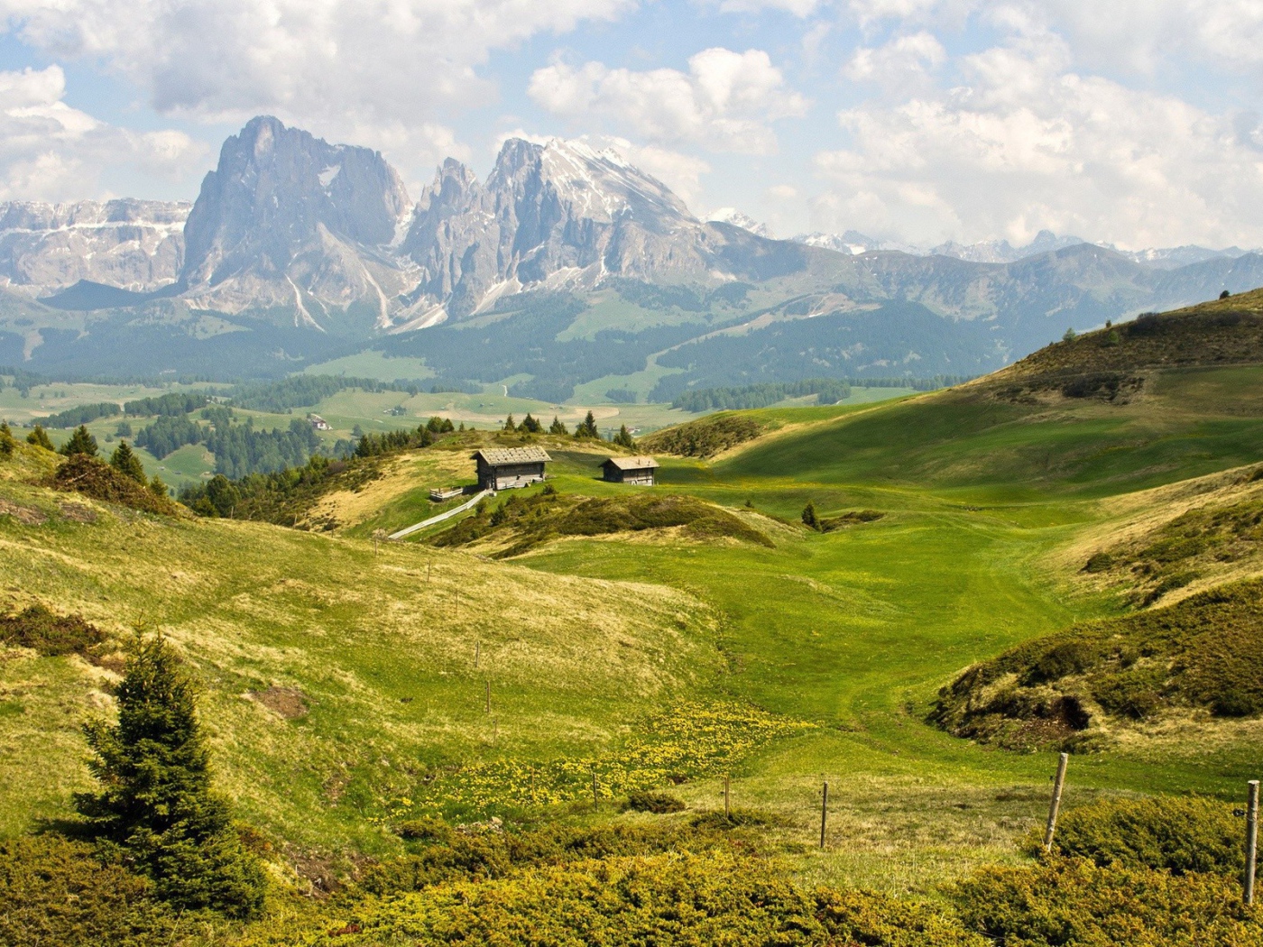 Фермы на зеленых полях среди гор