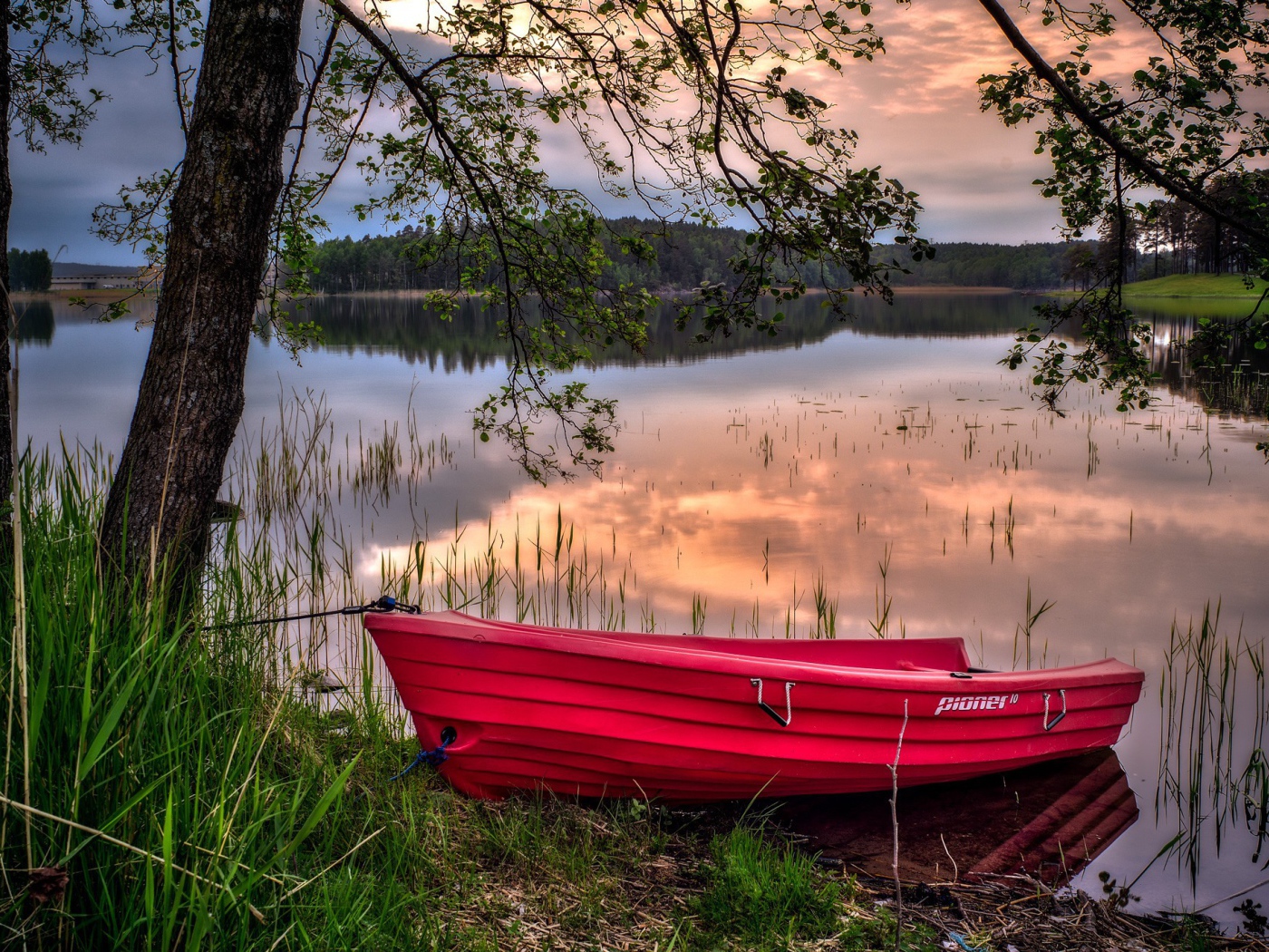 Красная лодка на берегу водоема