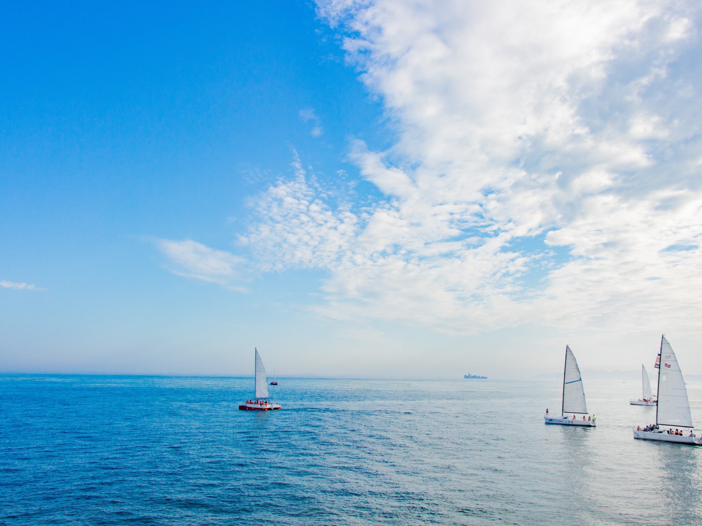 Несколько парусников на тихой глади залива