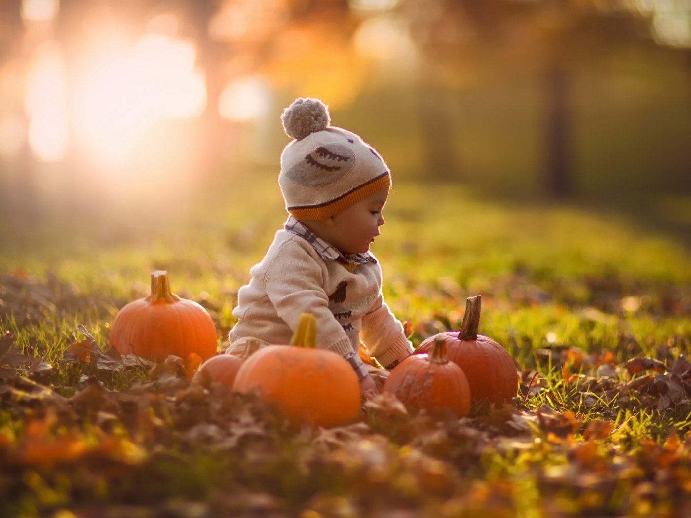 Девочка играет с тыквами