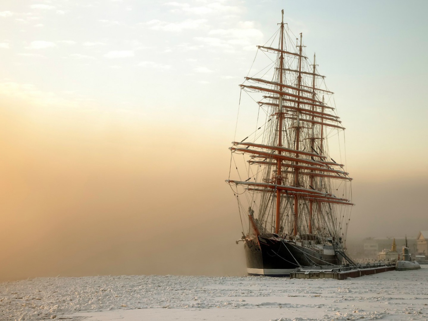 Sailing ship in the frozen bay