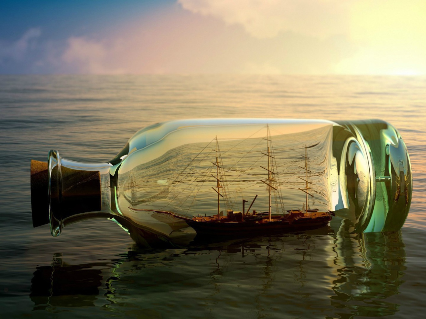 Корабль в бутылке среди моря