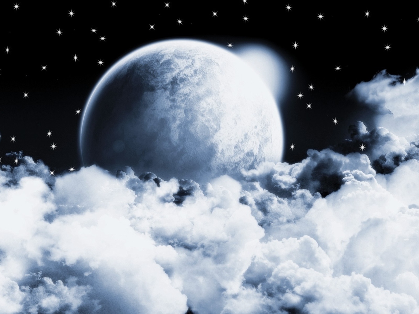 Серая планета в облаках на фоне звезд