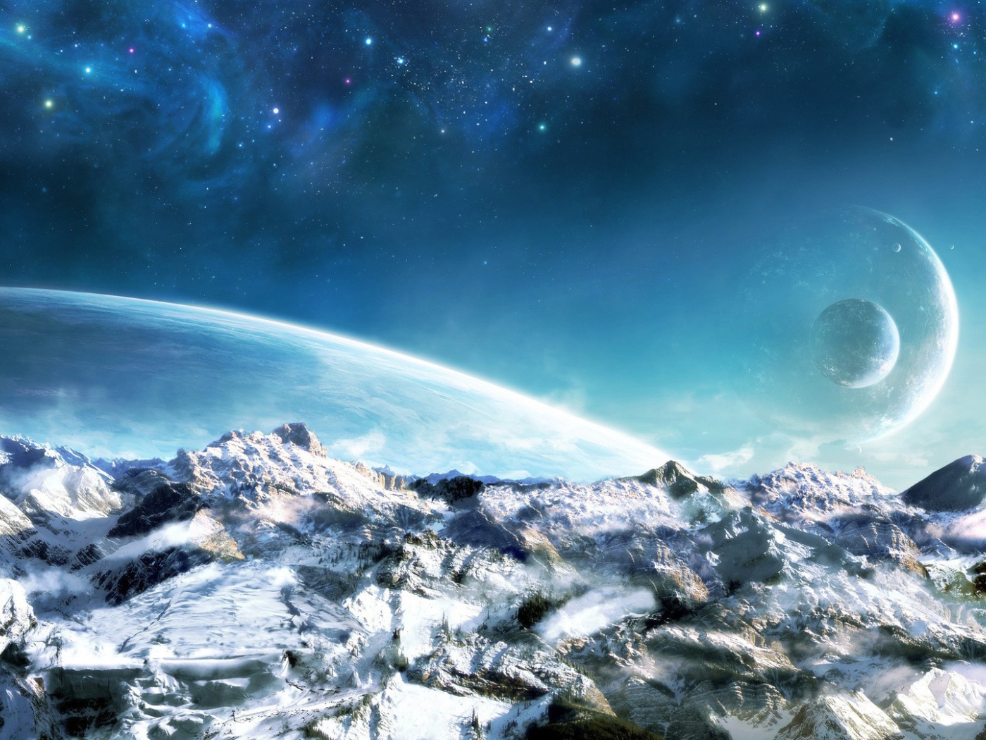 Ледяной мир на фоне чужих планет