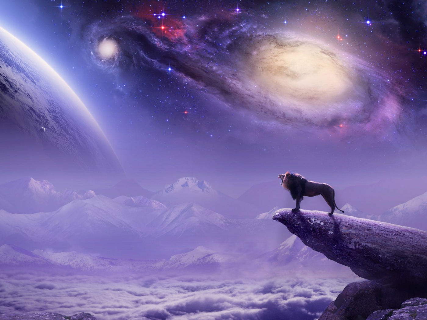 Лев на фоне галактики