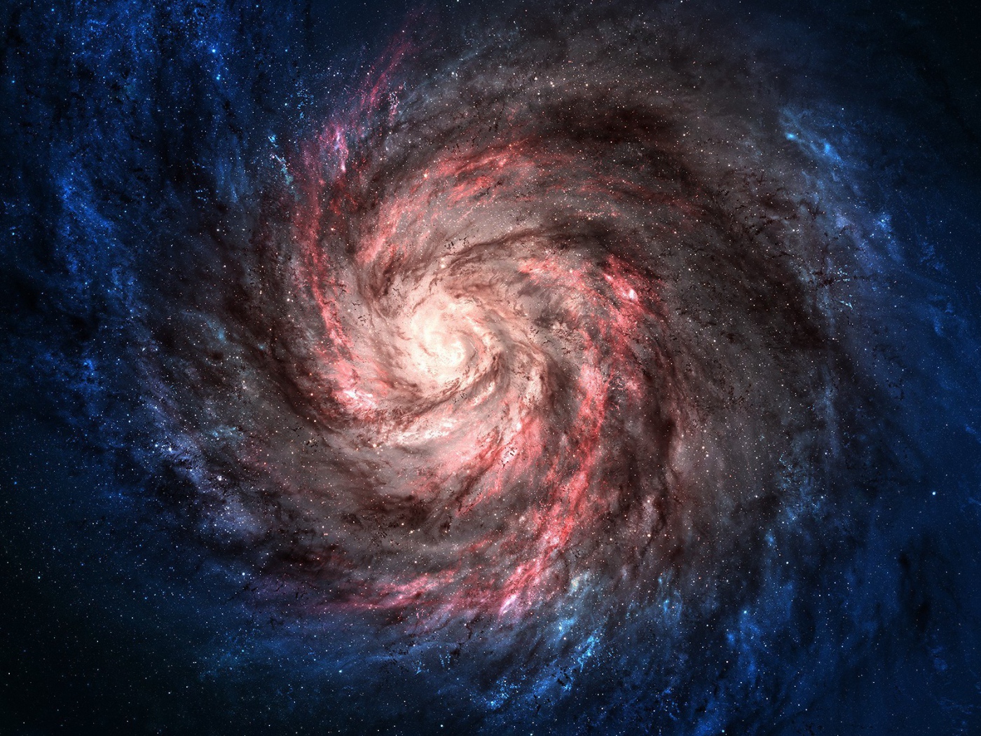 Pink spiral galaxy with blue edges