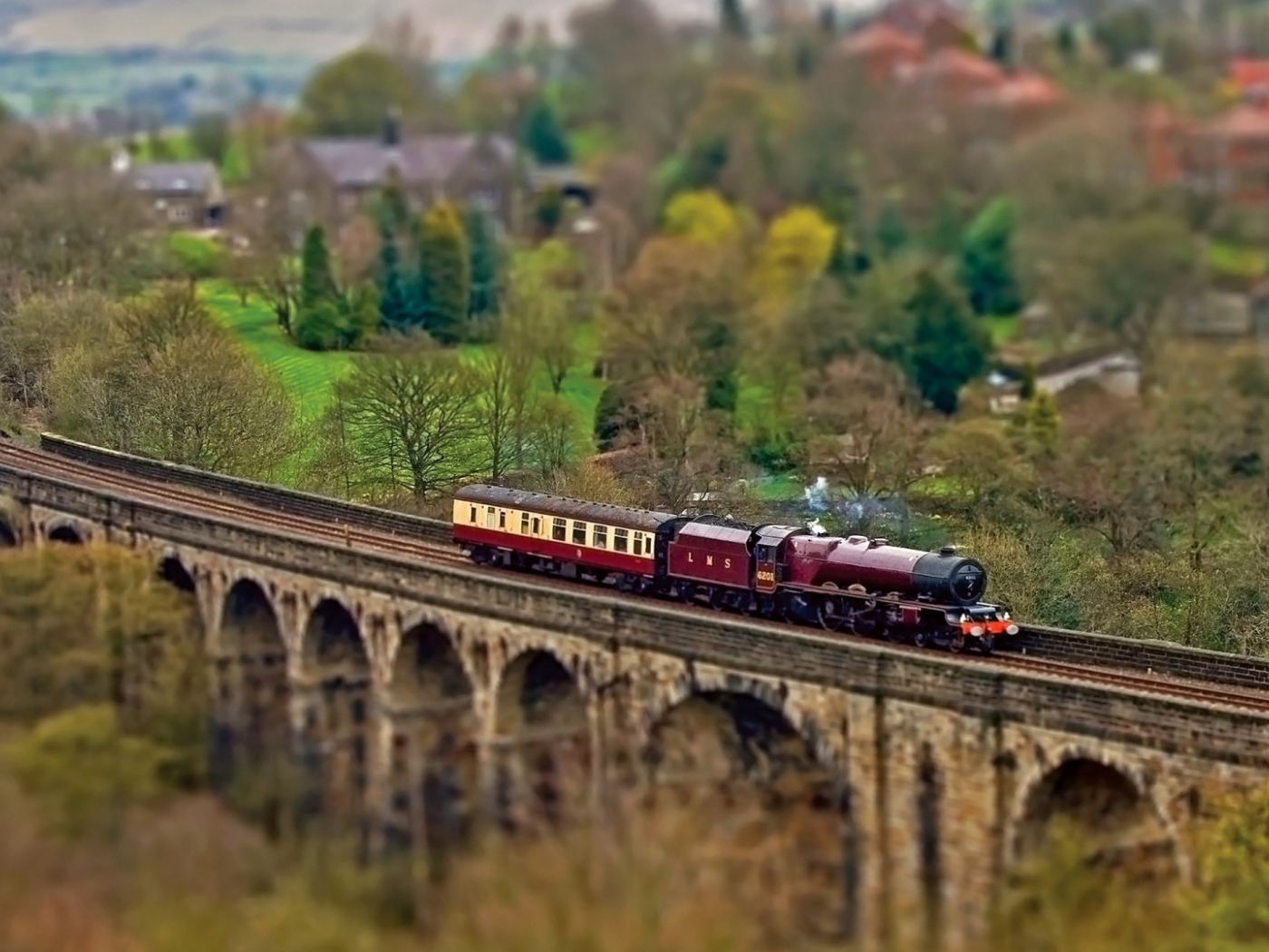 Паровоз с одним вагоном на мосту