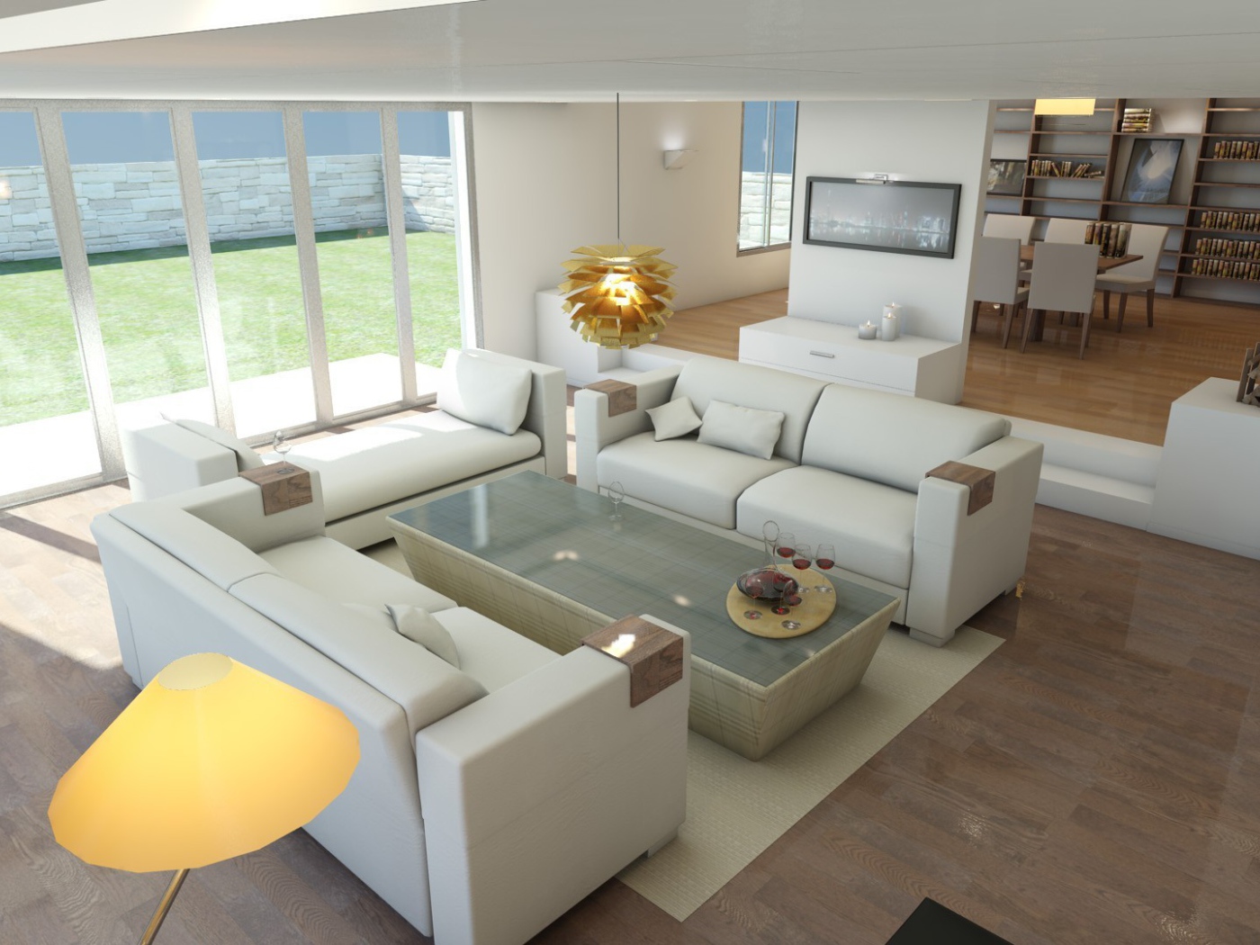 Белые кожаные диваны в светлой гостиной