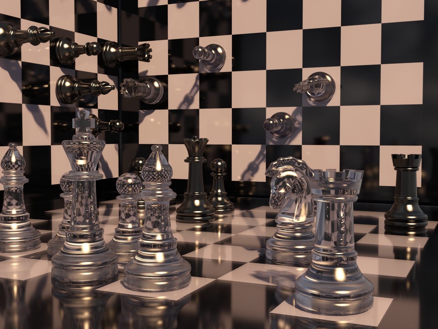 Шахматная доска с прозрачными шахматными фигурами 3д графика