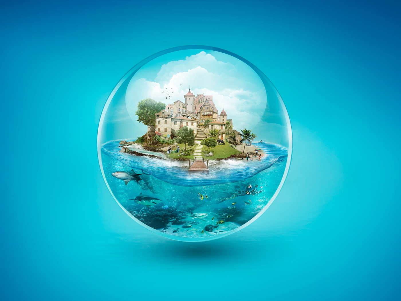 Дом на острове в прозрачном  шаре на голубом фоне 3д графика
