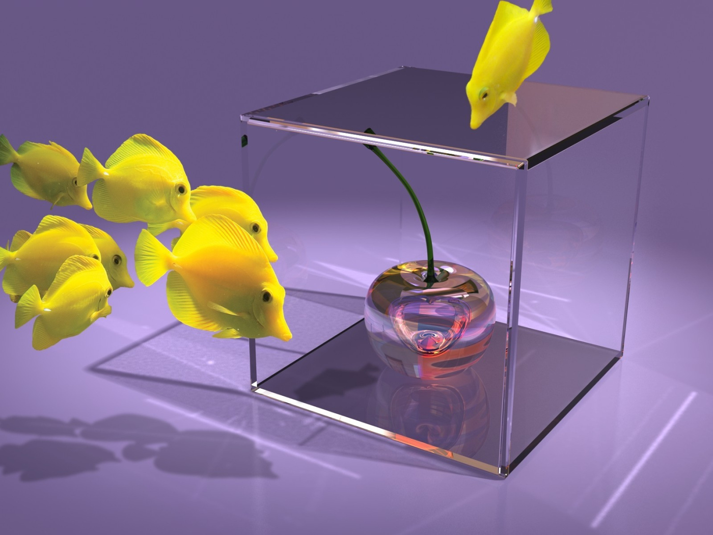 Желтые рыбки и вишня в стеклянном  кубе  3D графика 