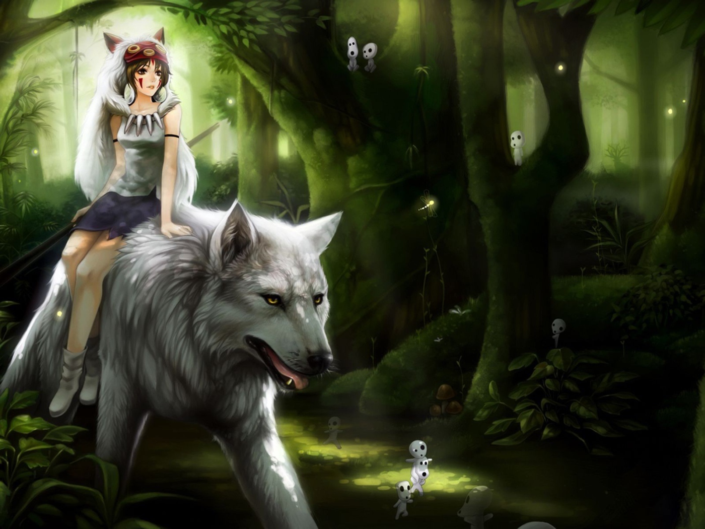 Девушка верхом на белом волке аниме Принцесса Мононоке 