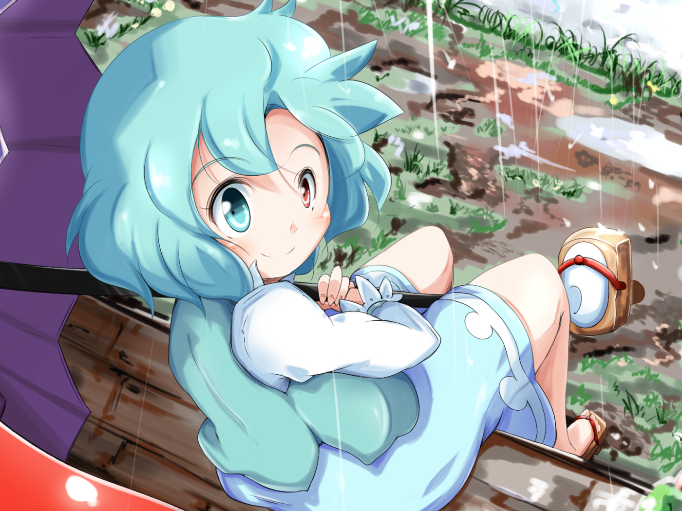 Девушка с голубыми волосами под дождем аниме Touhou 