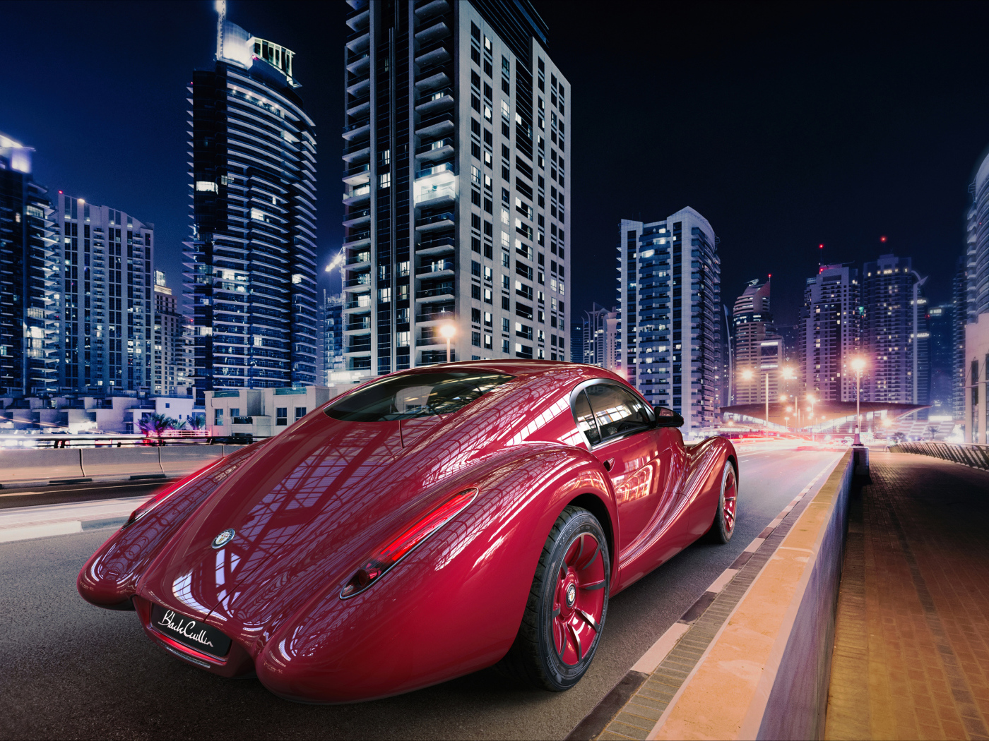 Необычный красный автомобиль Eadon Green Black Cuillin на фоне города 