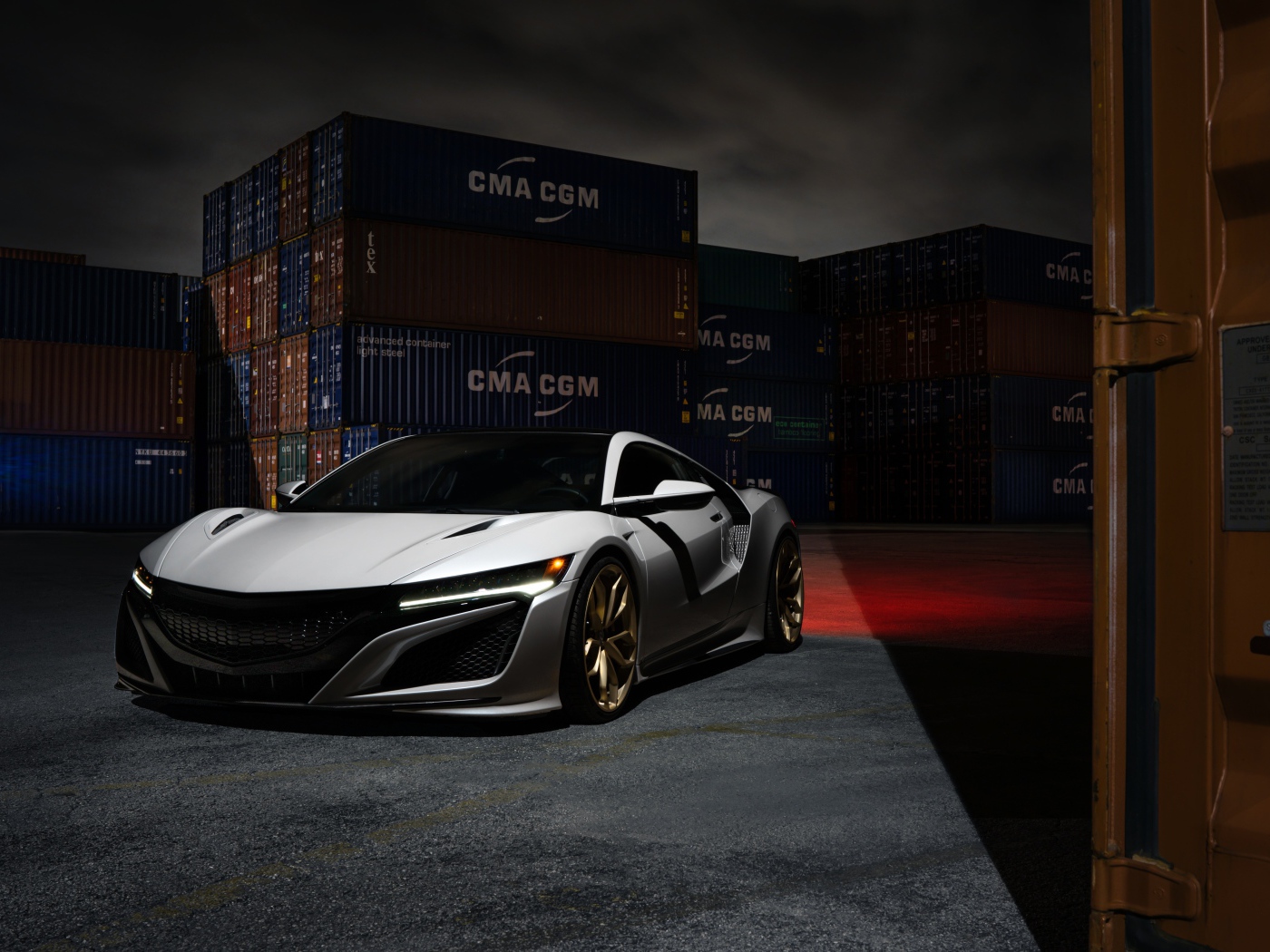 White sports car Acura NSX in the port