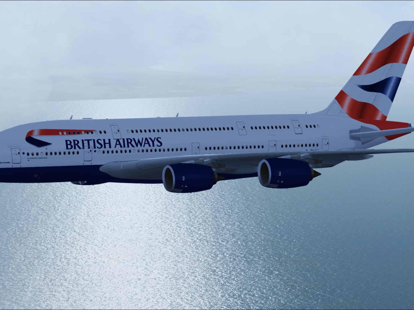 Самолет Airbus A380 British Airways летит над океаном 