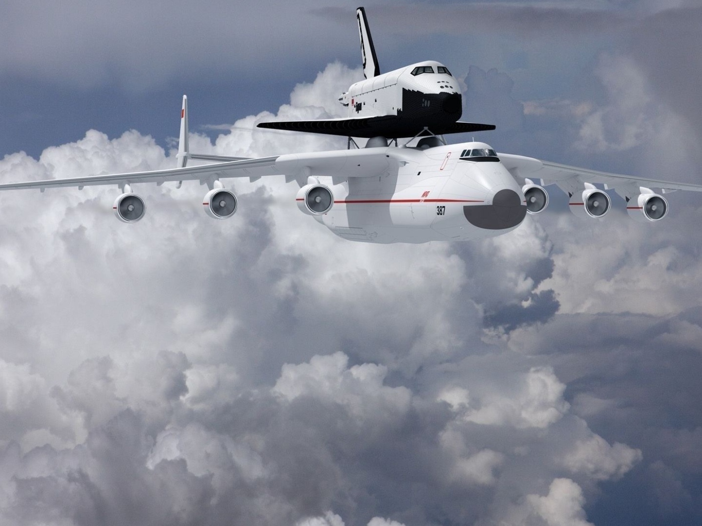 Самолет Ан- 225 Мрия  и ракета носитель «Буран» в на фоне белых облаков 
