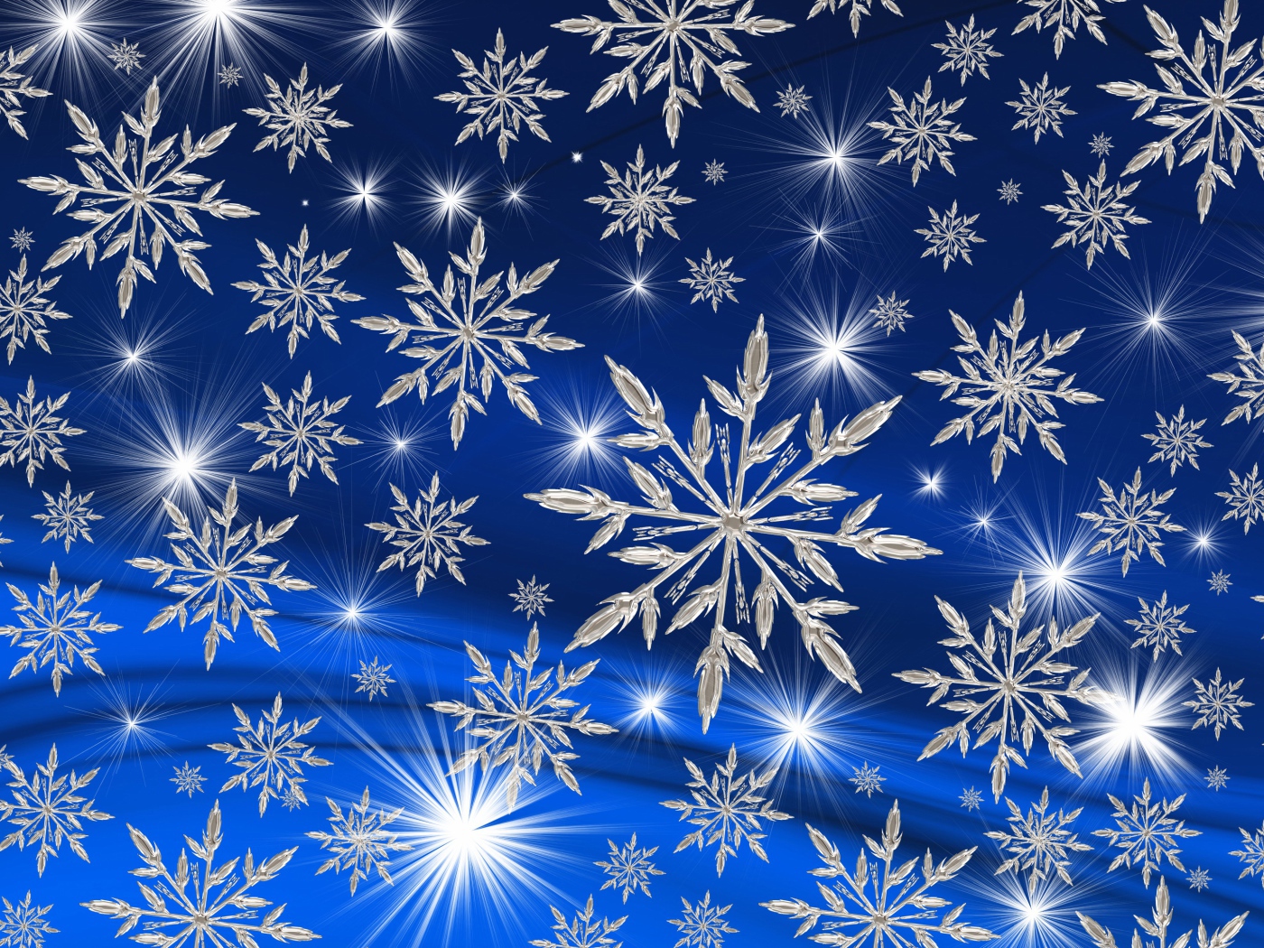 Ярки звезды и белые снежинки на голубом фоне