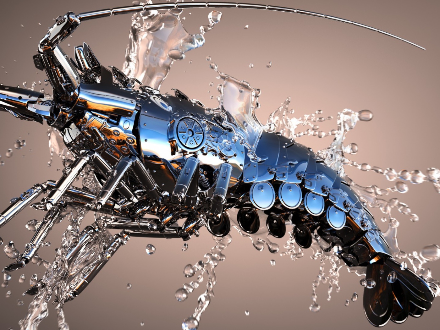 Механический рак в каплях воды 