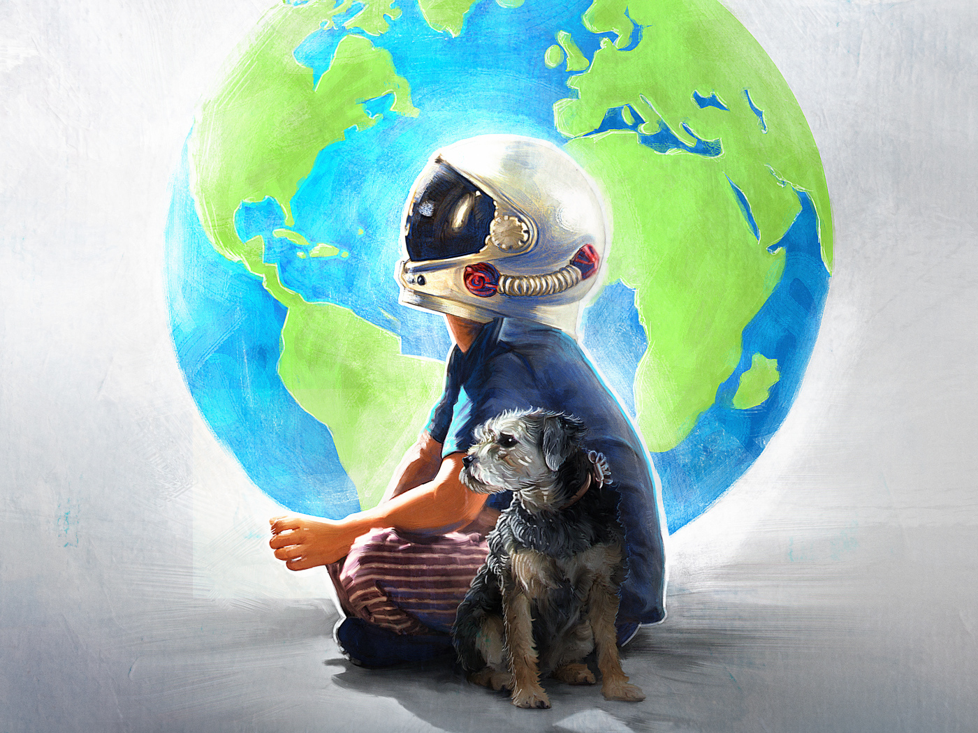 Нарисованный мальчик в шлеме космонавта с собакой