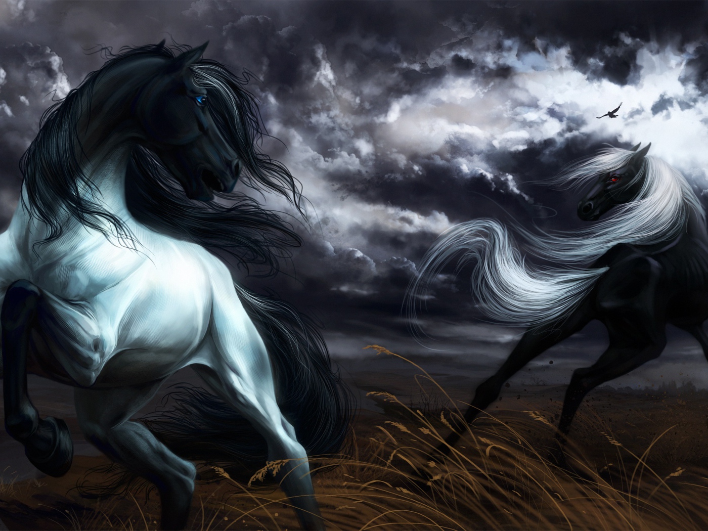 Two painted black horses jumping under a stormy sky
