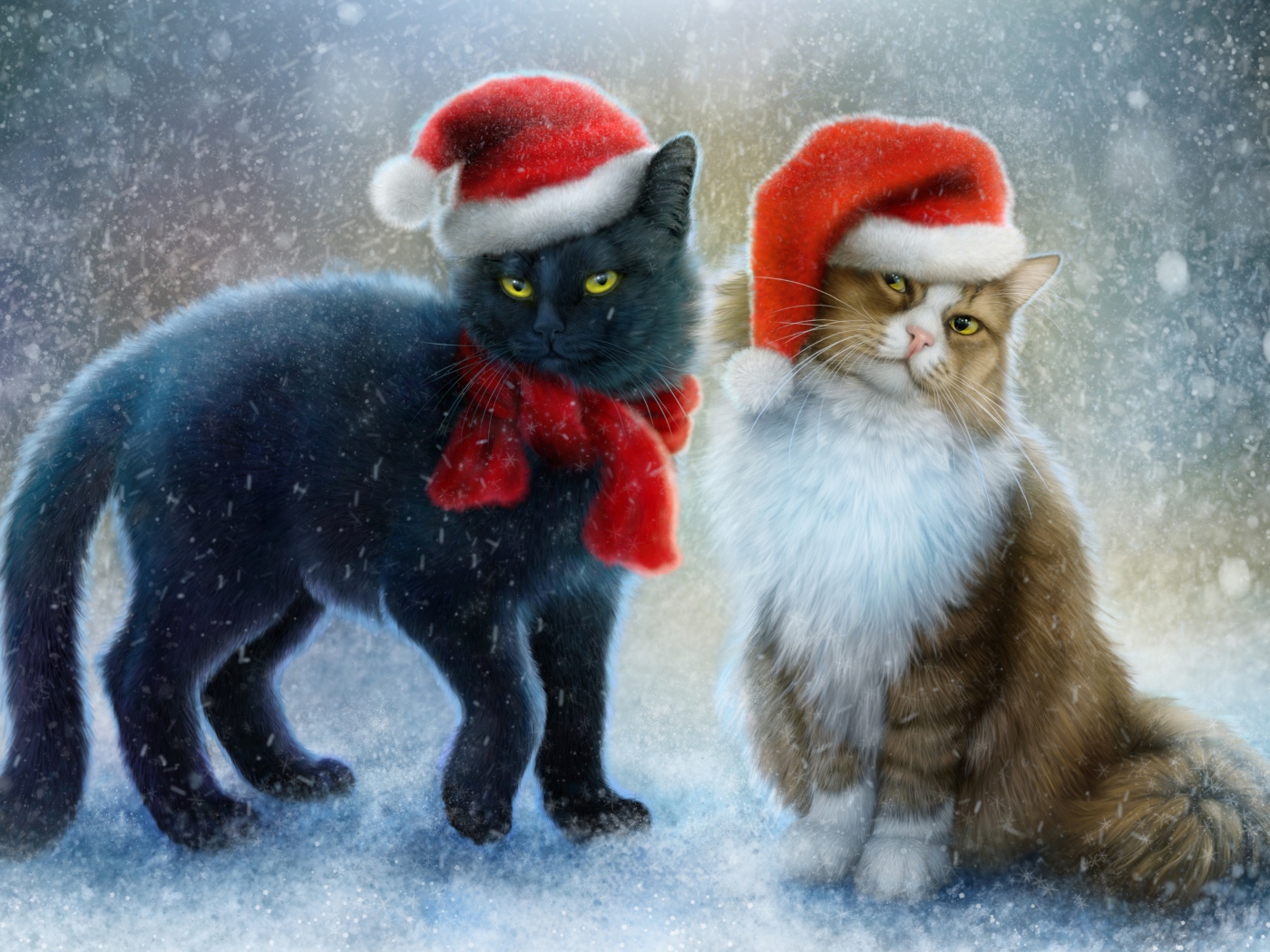 Два нарисованных кота в новогодних шапках на снегу