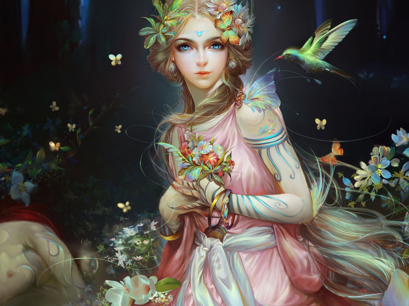 Красивая фантастическая девушка с необычными цветами