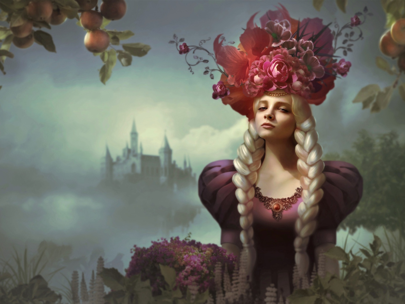 Красивая девушка с длинными волосами и цветами на голове, фэнтези