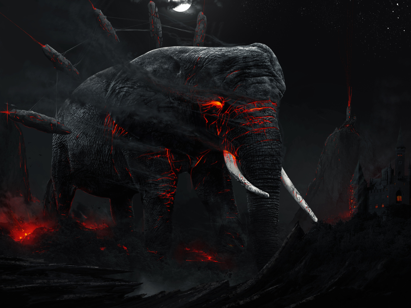 Большой черный слон с магмой внутри в разрушенном городе