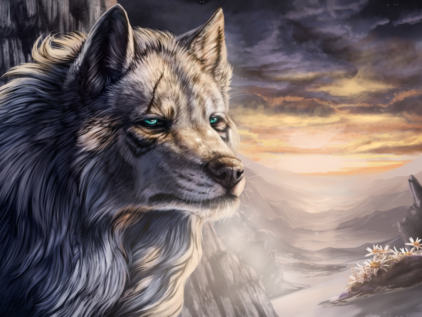 Большой фантастический волк с зелеными глазами