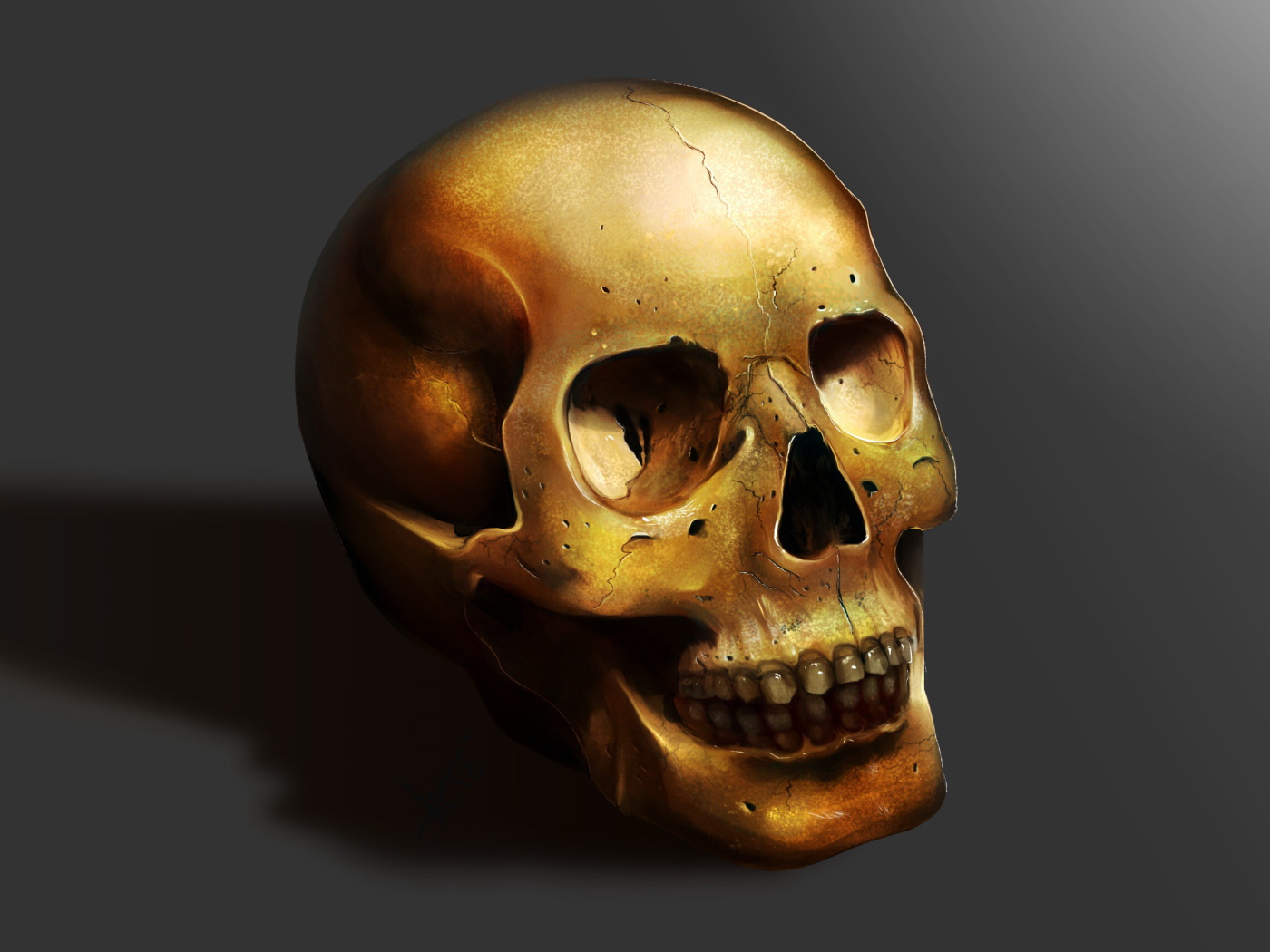 Золотой череп на сером фоне