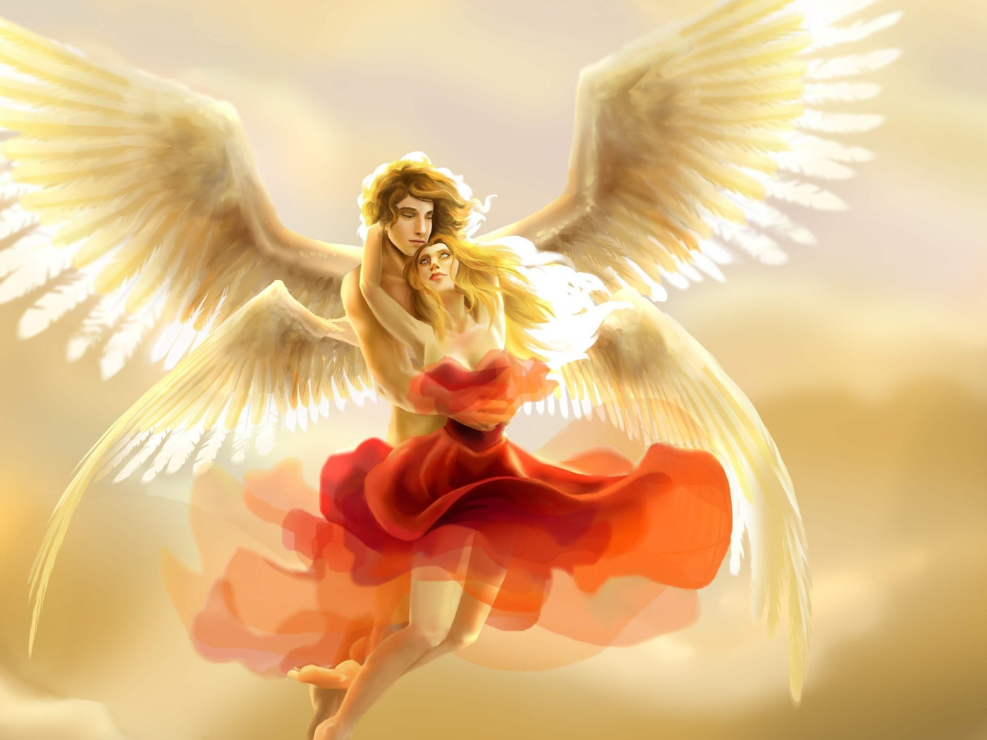 Влюбленная пара ангелов в небе
