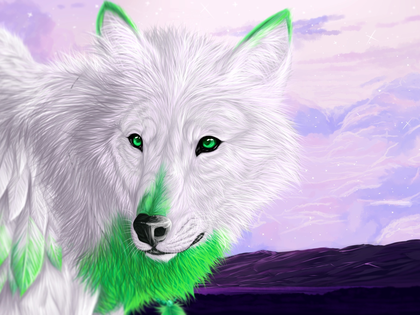 Белый волк с зелеными глазами