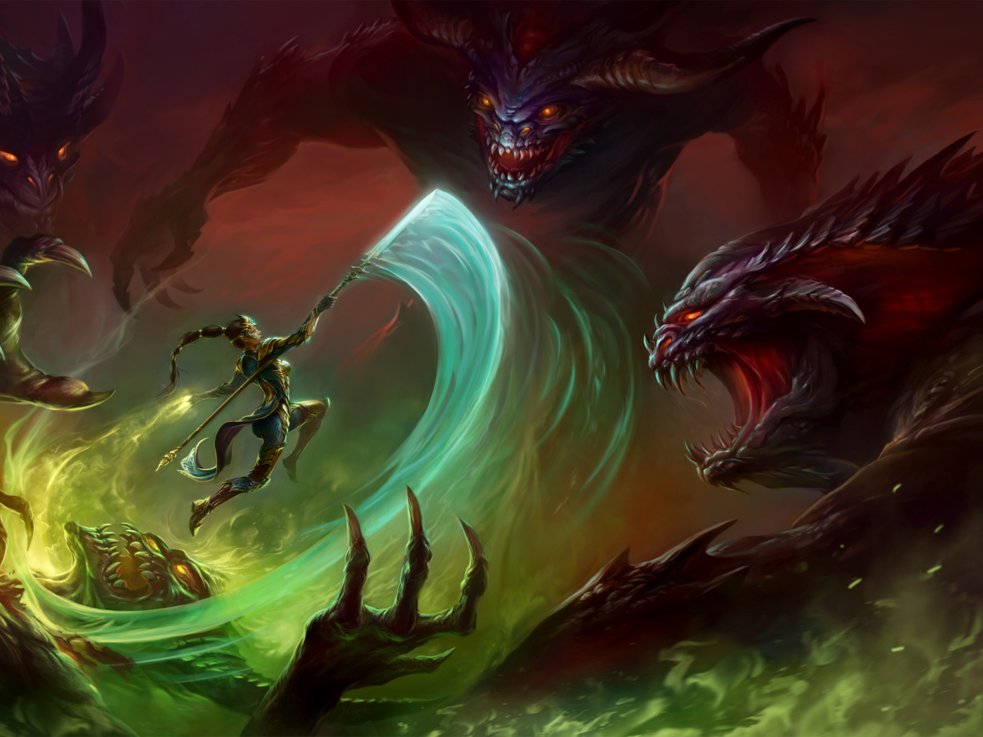 Женщина воин сражается с драконами фэнтези