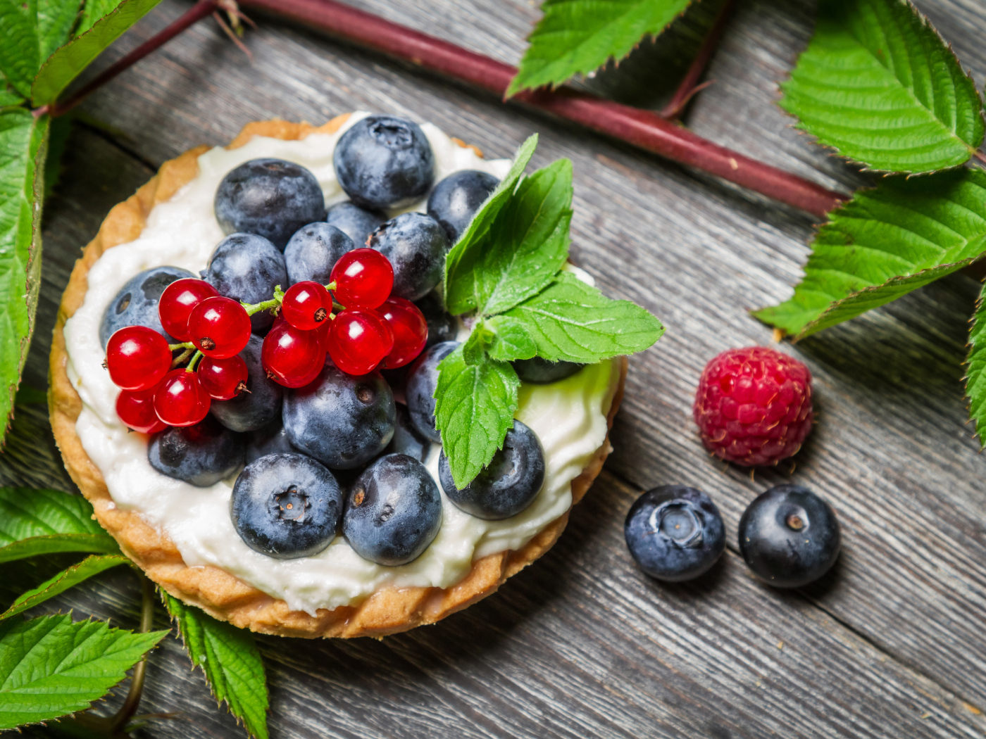 Пирожное со сливками и свежими ягодами смородины, черники и малины