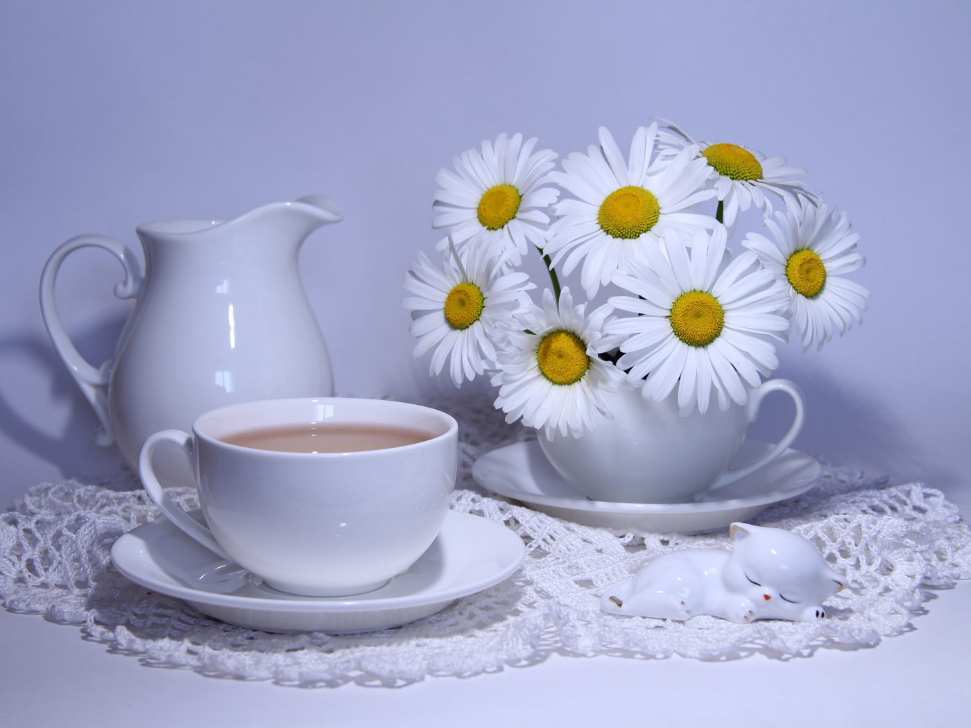 Белая чашка какао на столе с кувшином и белыми ромашками