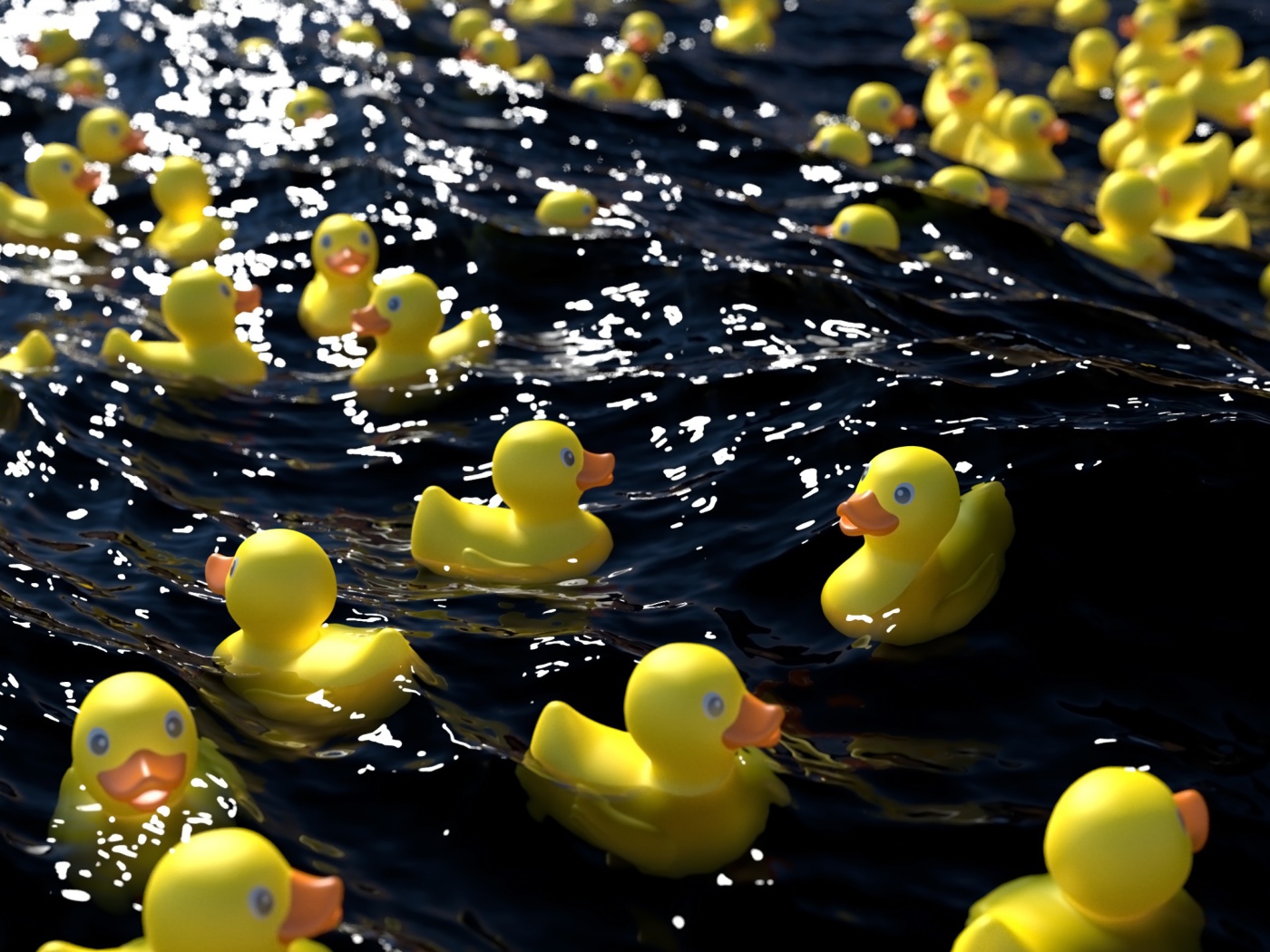 Many yellow rubber ducks in the water